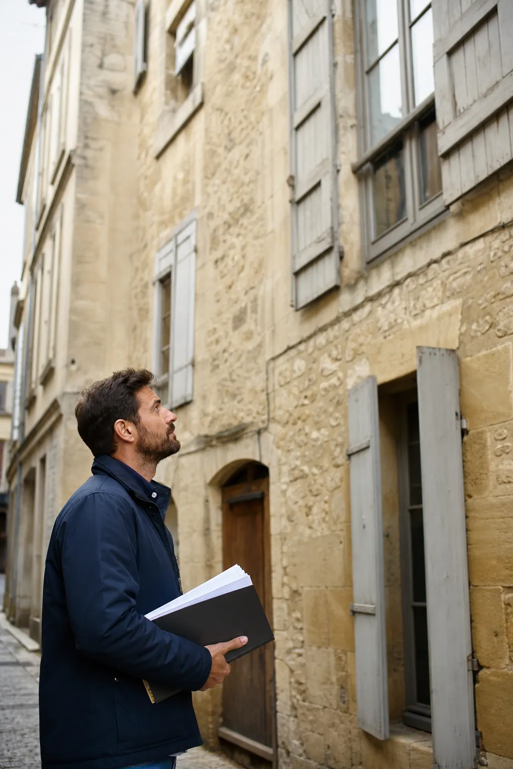 Expert en bâtiment devant un immeuble ancien en pierre à Cahors
