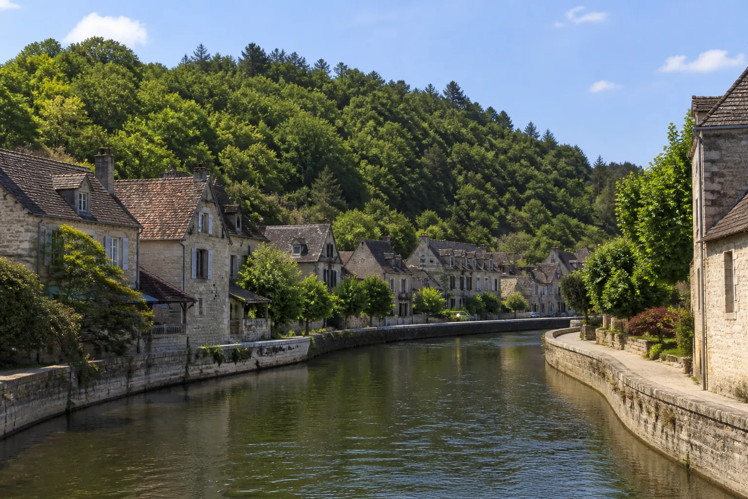 Méandre de rivière bordé de quais et de maisons anciennes