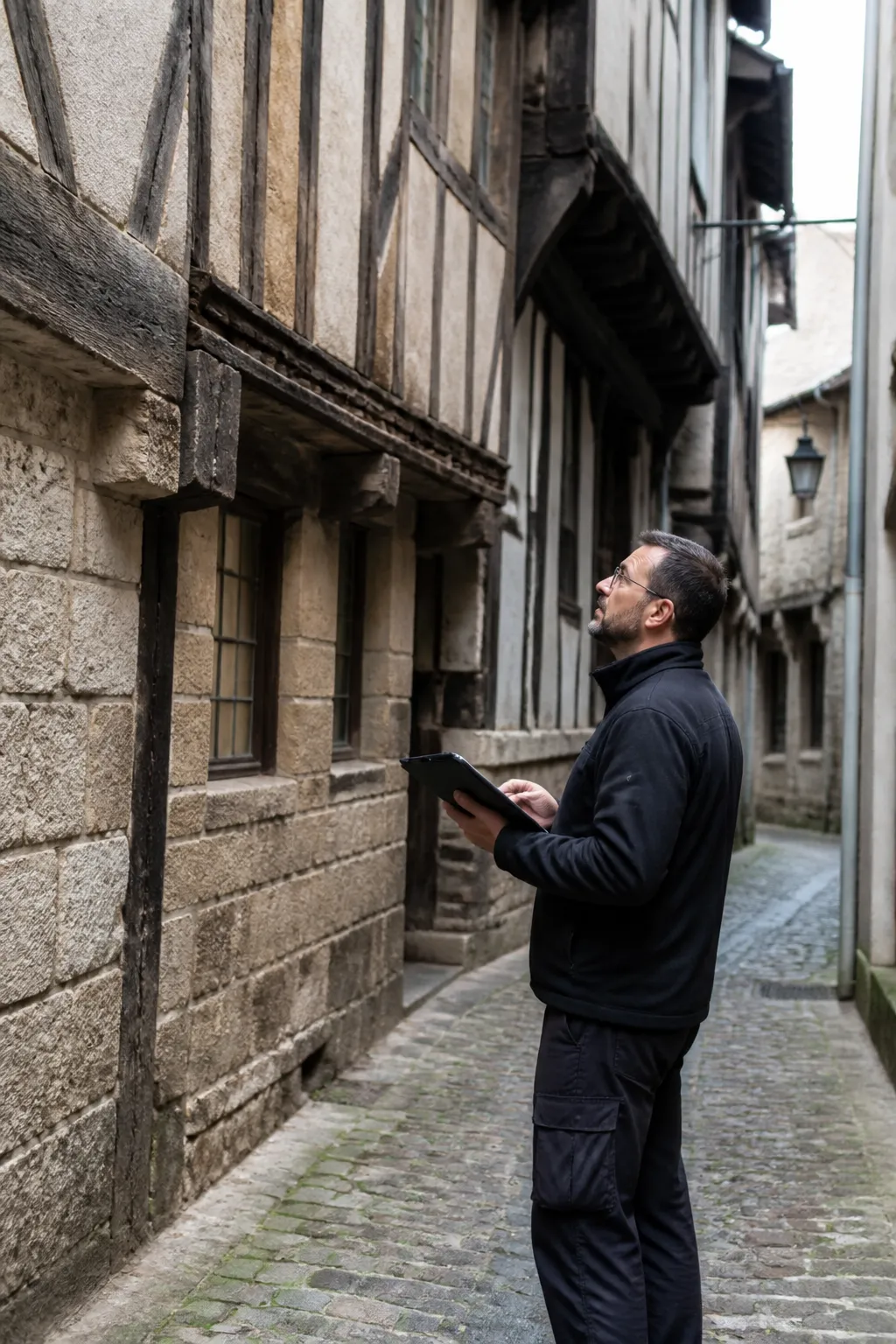 Expert en bâtiment observant la façade d’une maison ancienne en pierre dans une ruelle à Figeac