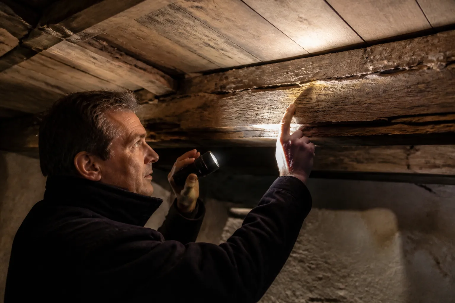 Expert examinant un plancher bois et une poutre dans une maison ancienne