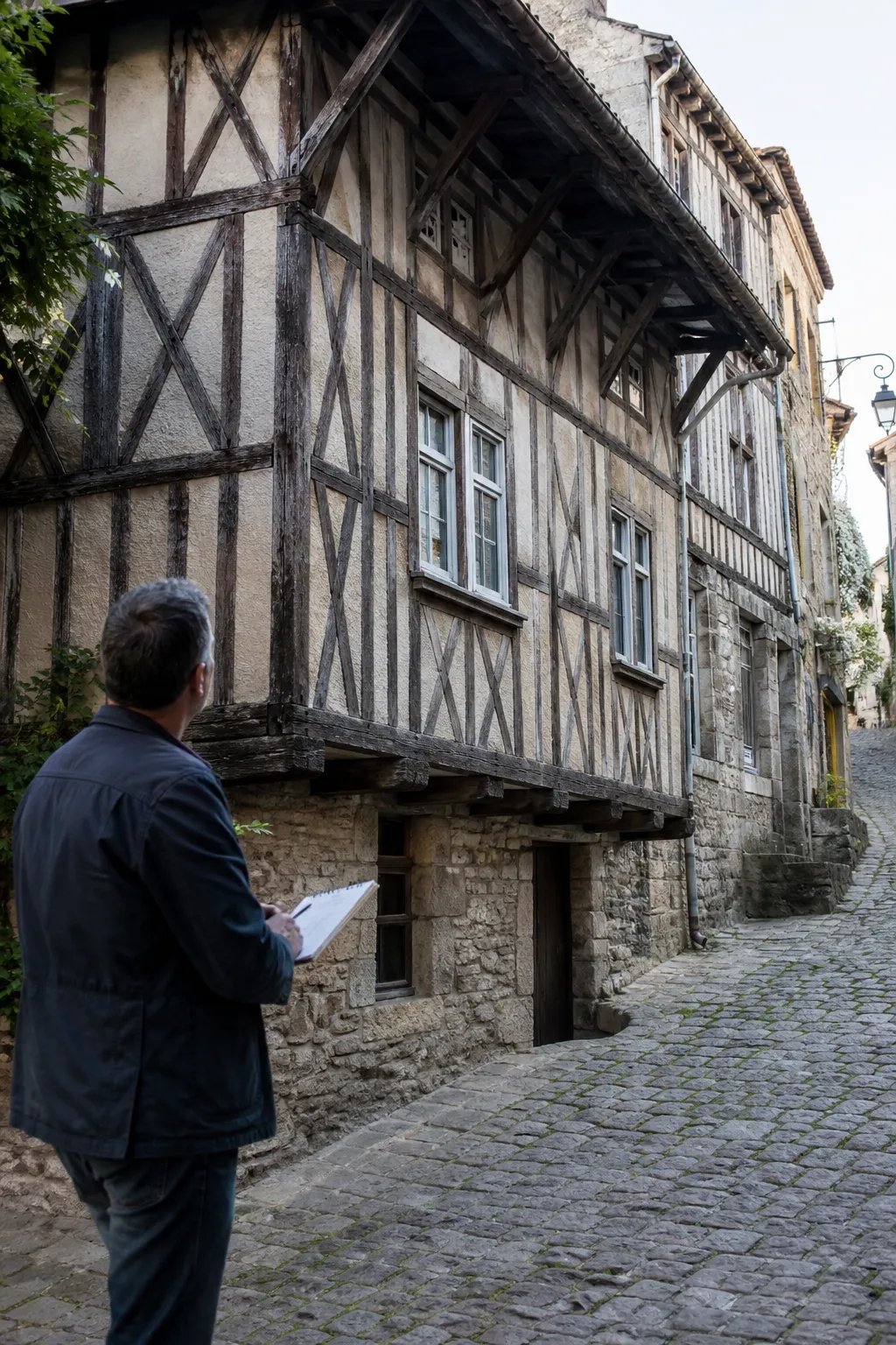 Expert en bâtiment devant une maison à pans de bois dans un bourg ancien du Lot