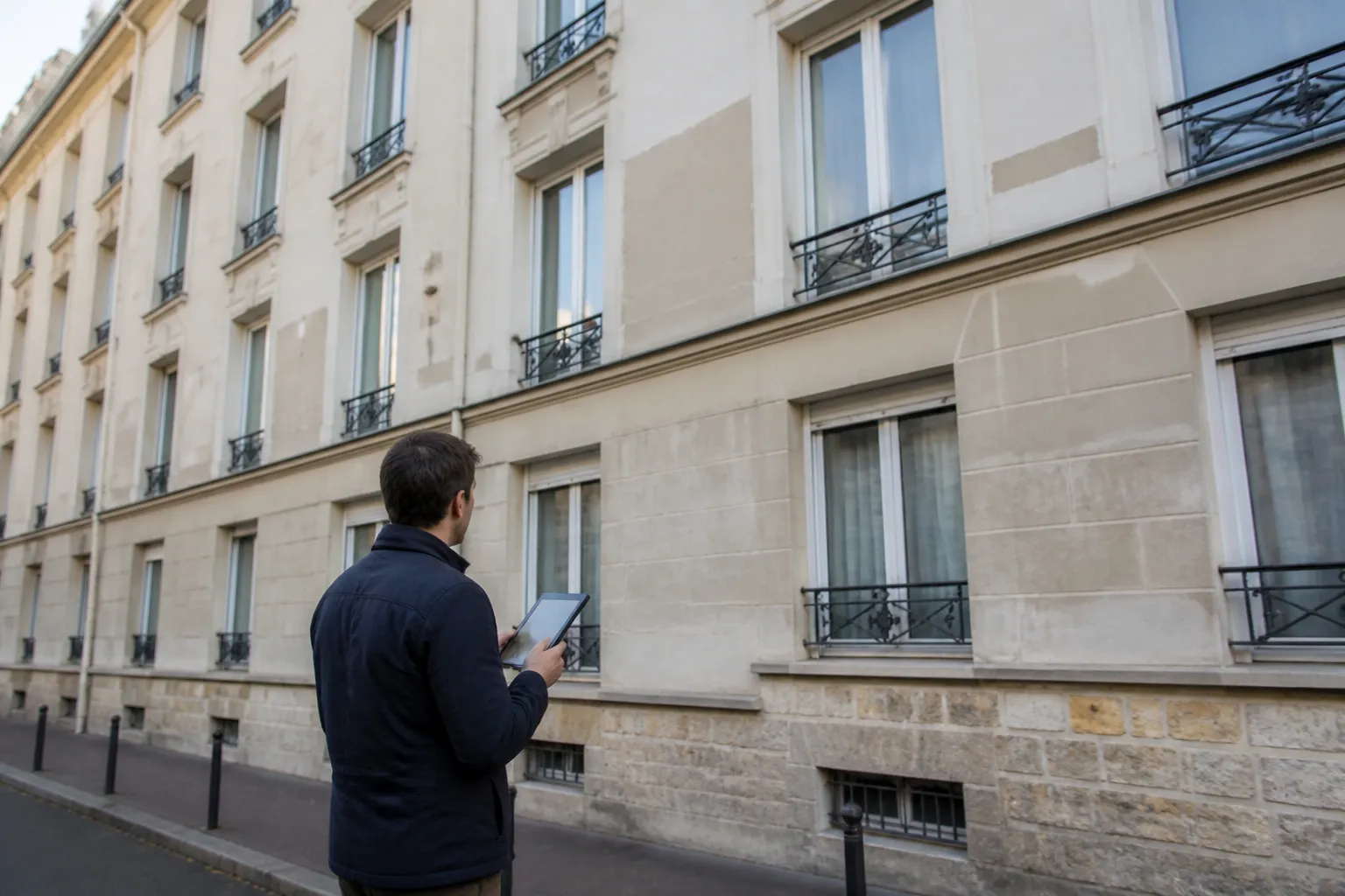Expert examinant une façade d’immeuble