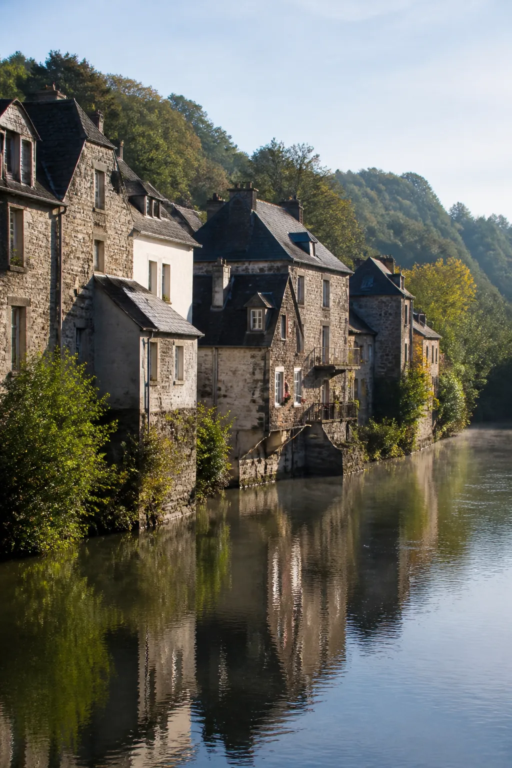 Maisons anciennes en pierre à toitures d’ardoise au bord d’une rivière