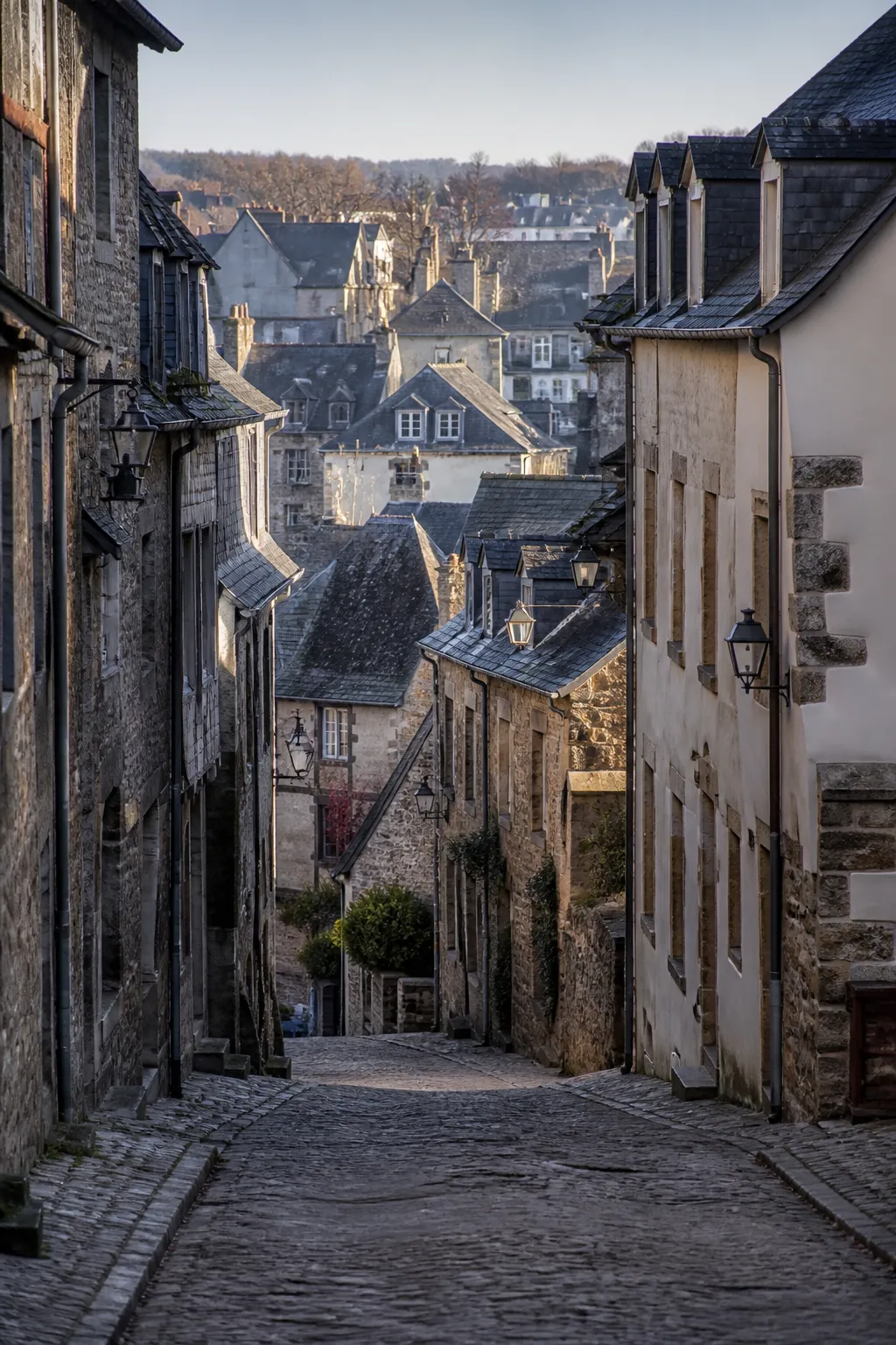 Rue de centre-ville avec maisons en pierre et toits d’ardoise en pente