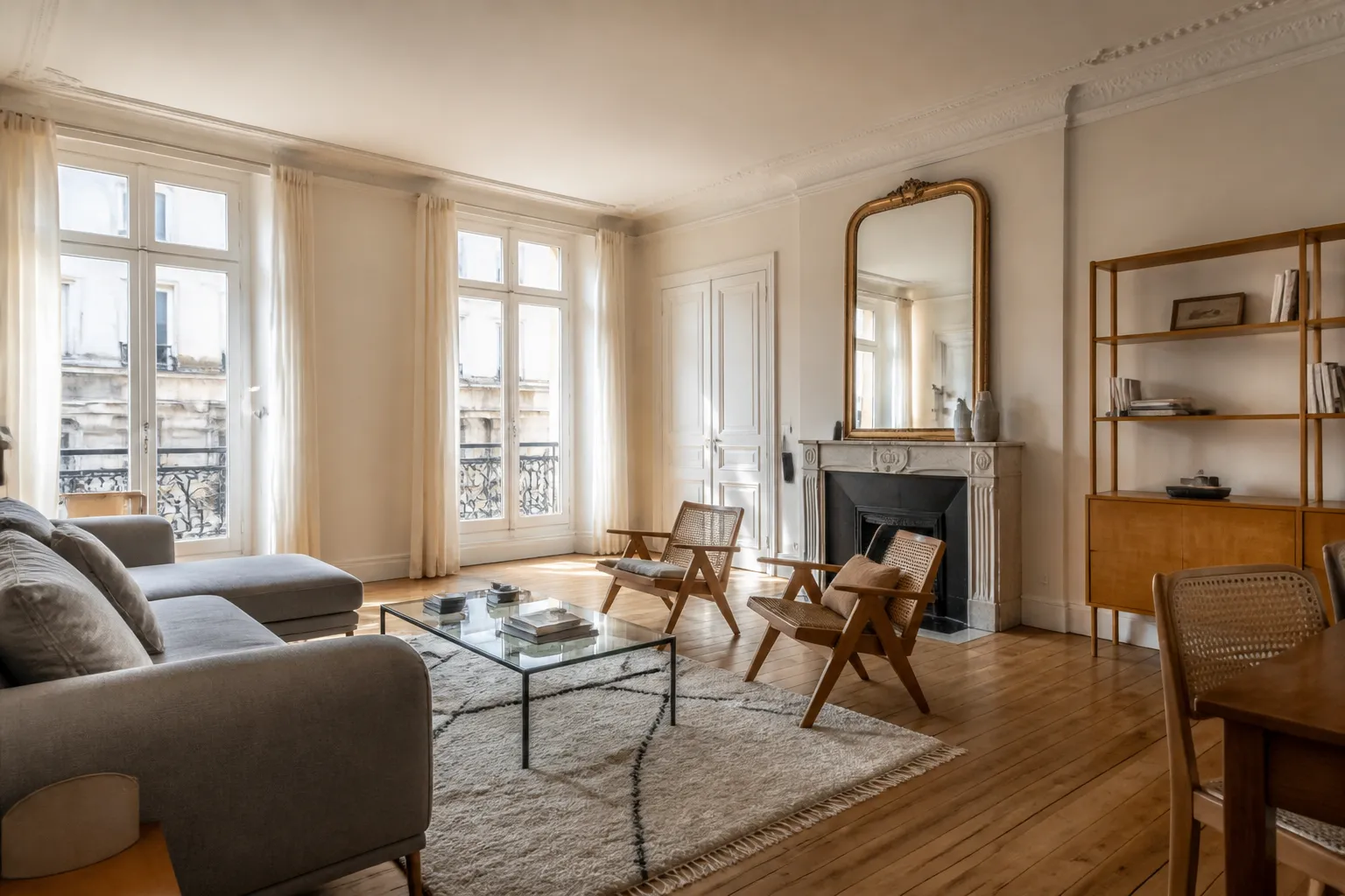 Appartement ancien avec parquet et fenêtres sur rue