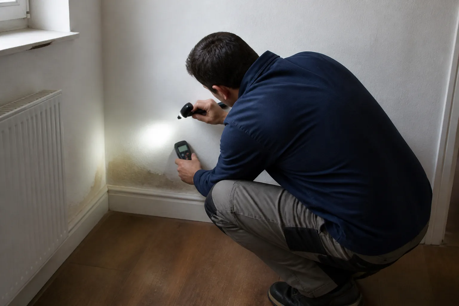 Expert examinant le bas d’un mur intérieur avec une lampe