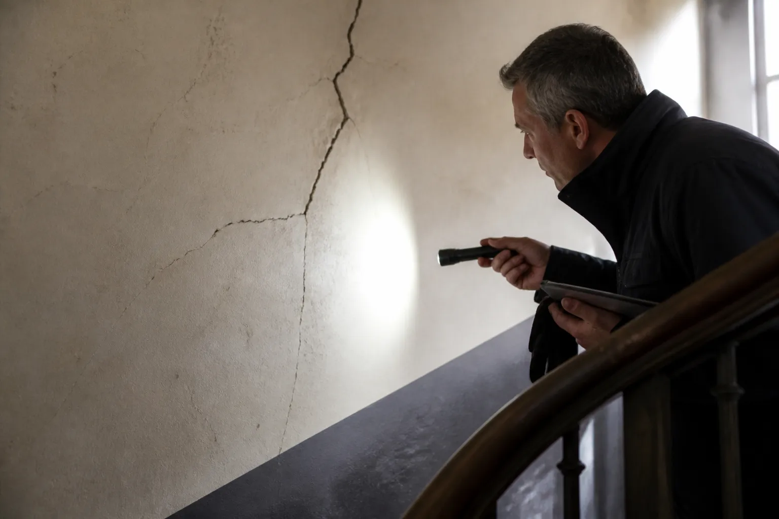 Expert observant une fissure dans une cage d’escalier d’immeuble
