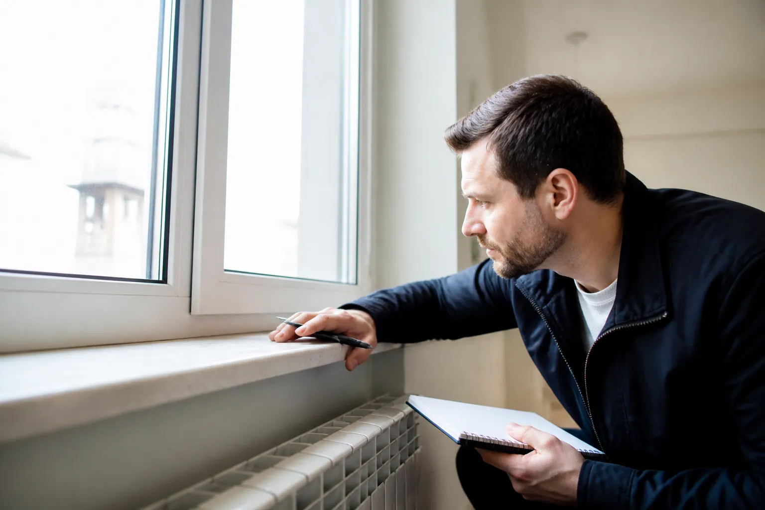 Expert examinant les menuiseries d’un appartement lumineux