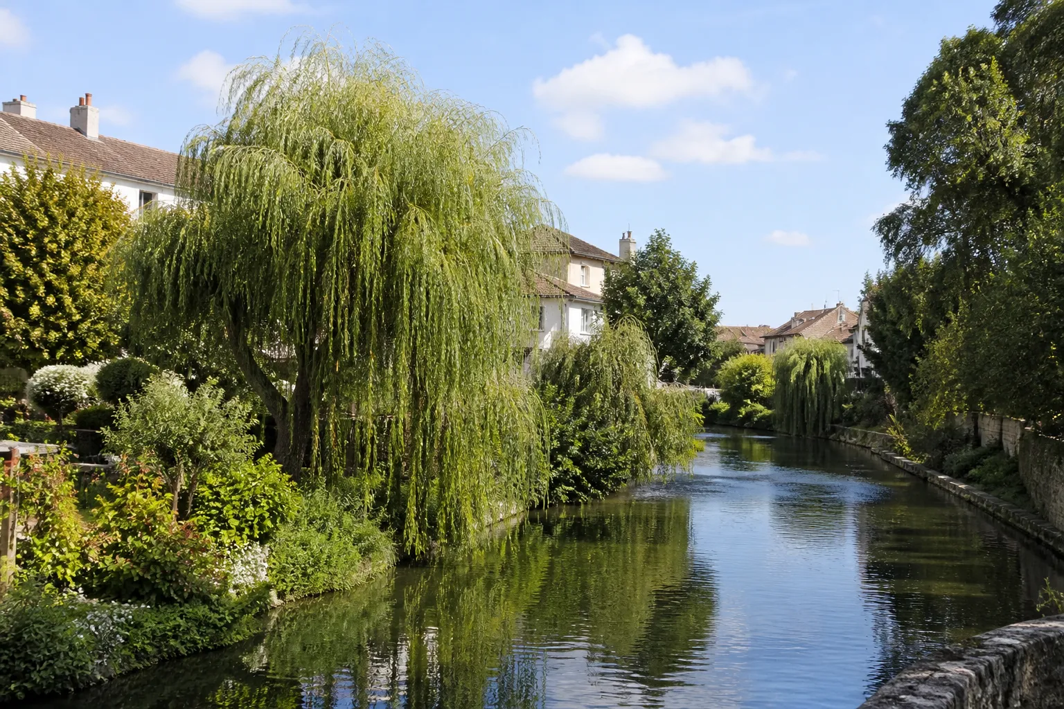Petite rivière bordée de saules en zone urbaine