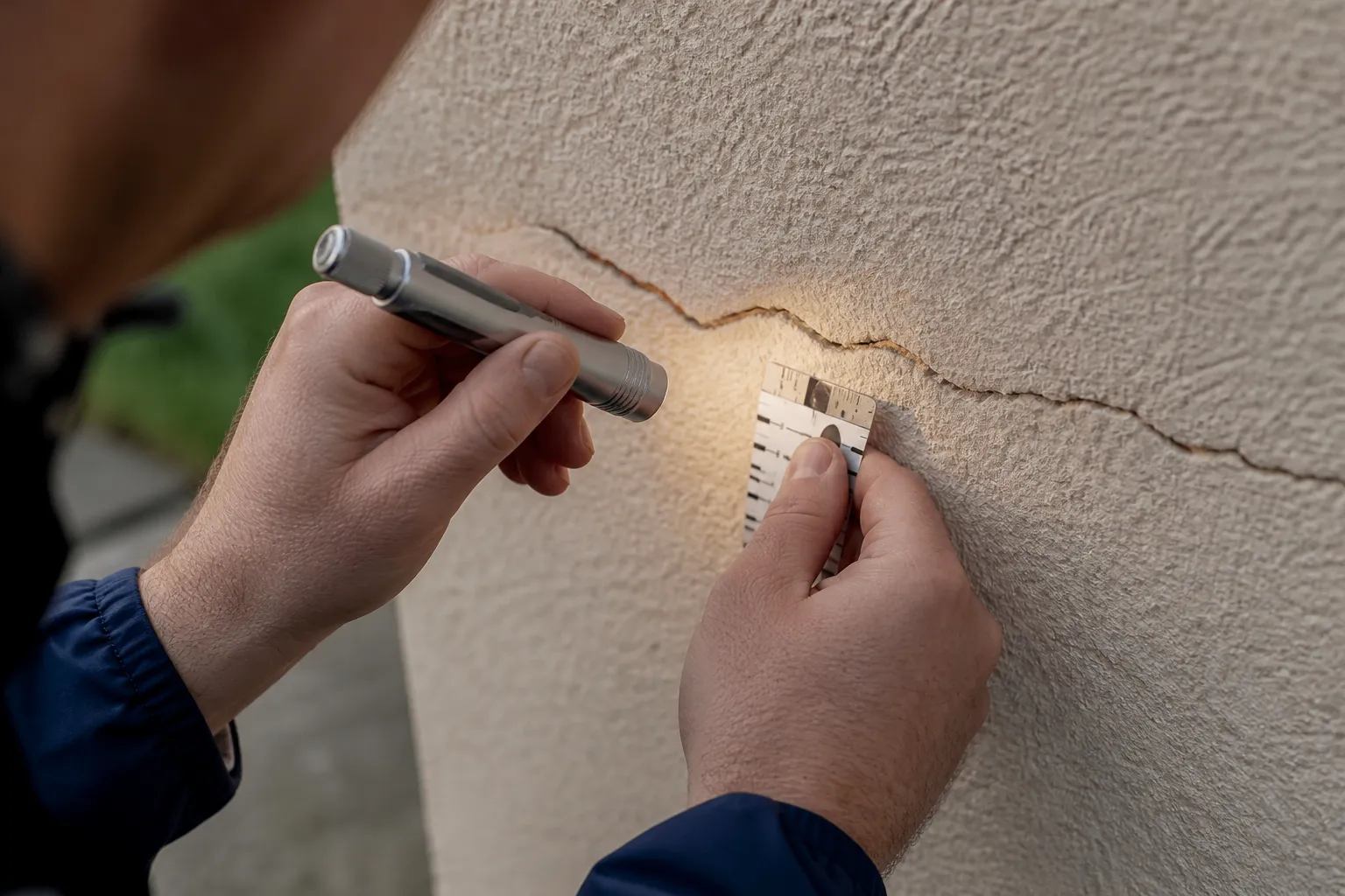 Expert examinant une fissure sur un mur extérieur