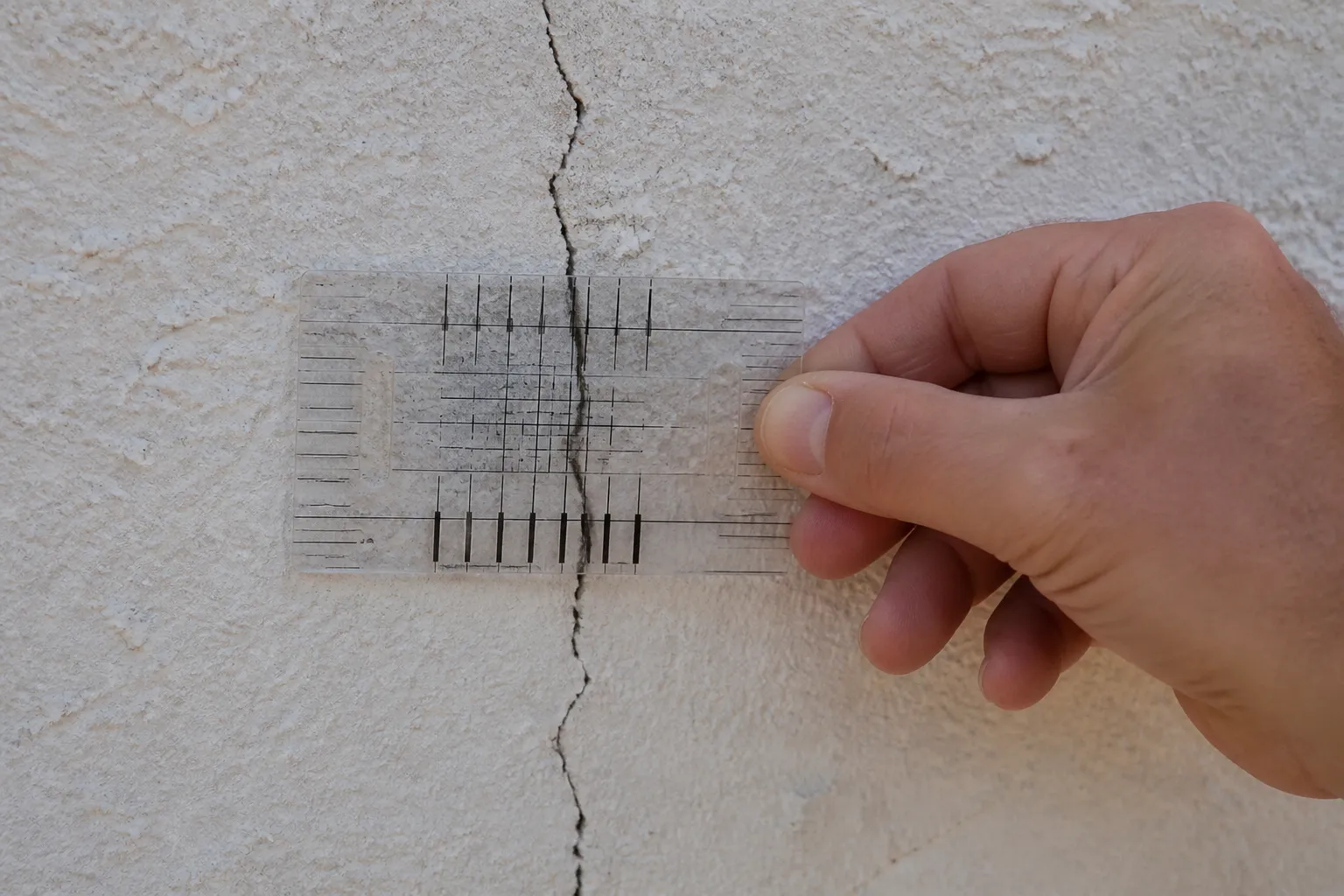 Expert mesurant une fissure sur une façade