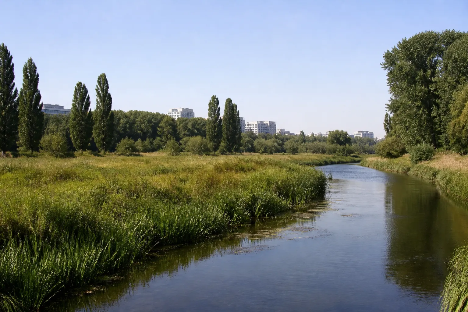 Rivière calme traversant une prairie en bordure de ville