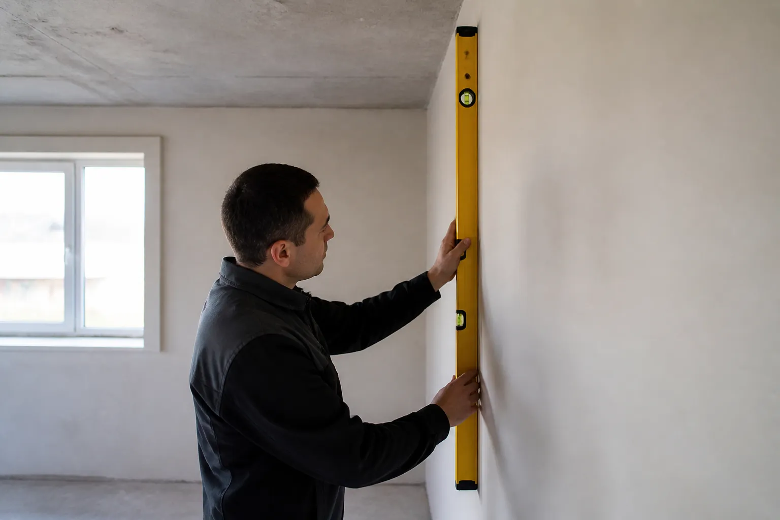 Expert vérifiant l’aplomb d’un mur avec un niveau