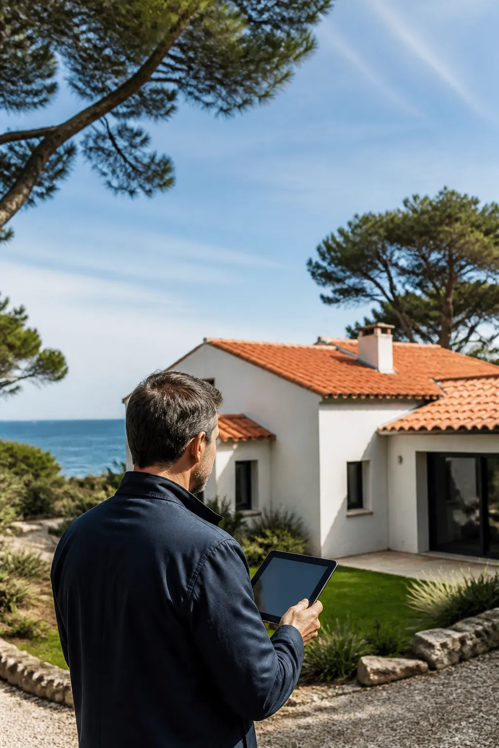Expert en bâtiment devant une maison avec jardin à Anglet avant un achat