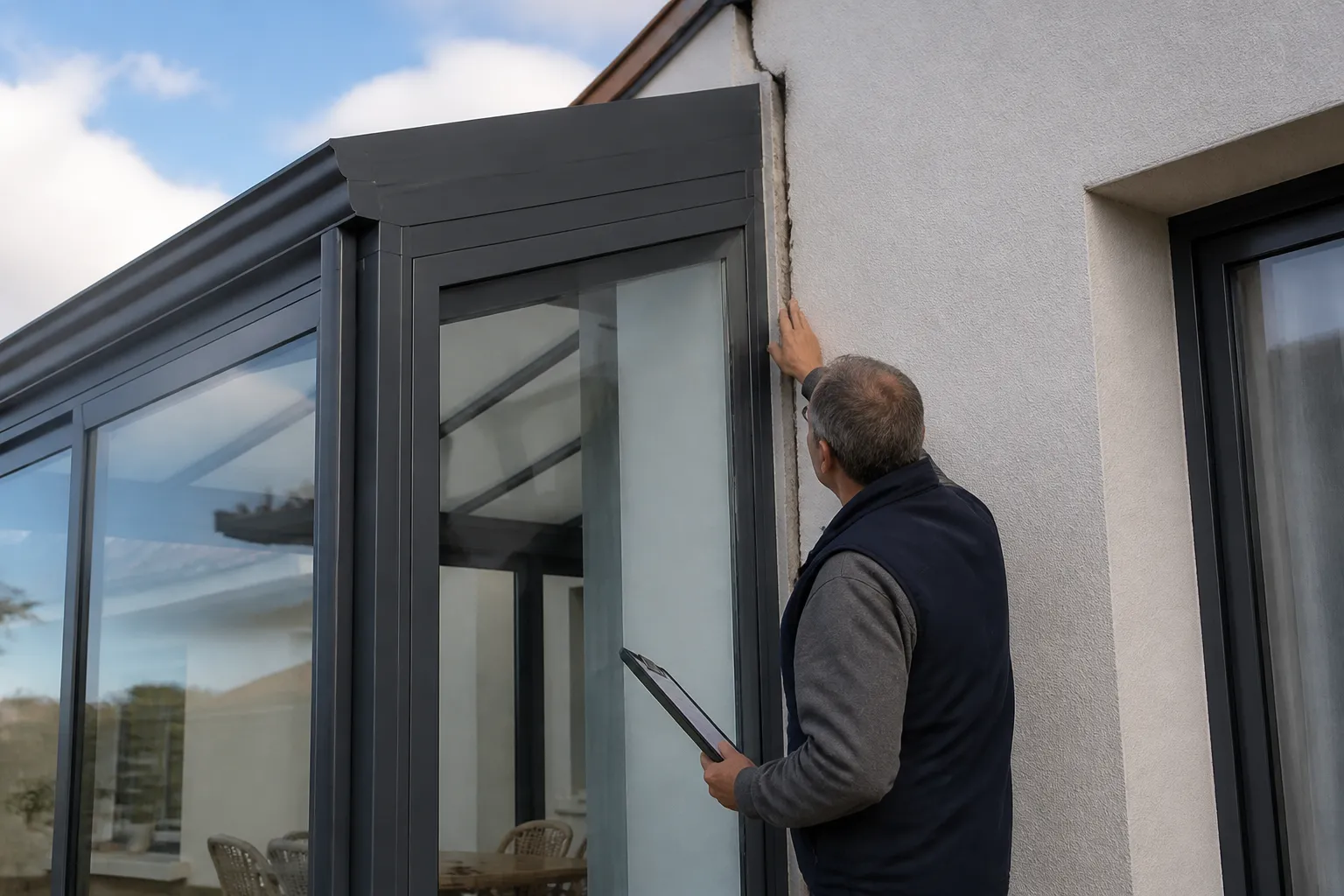 Véranda accolée à une maison avec joint de dilatation visible