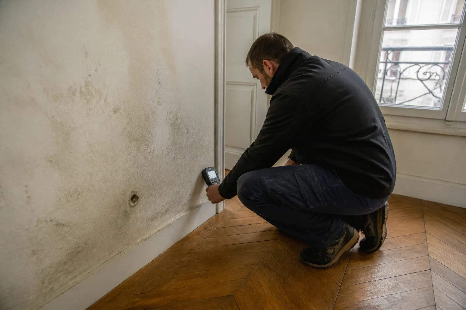 Expert relevant l’humidité au bas d’une cloison dans un appartement