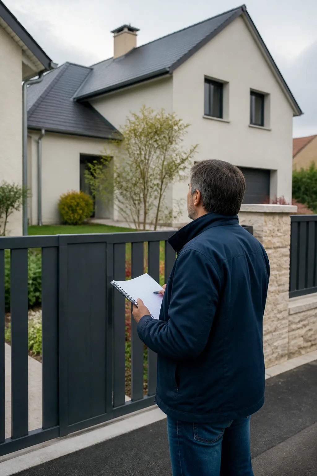 Expert en bâtiment observant une maison individuelle avant un achat à Allonnes