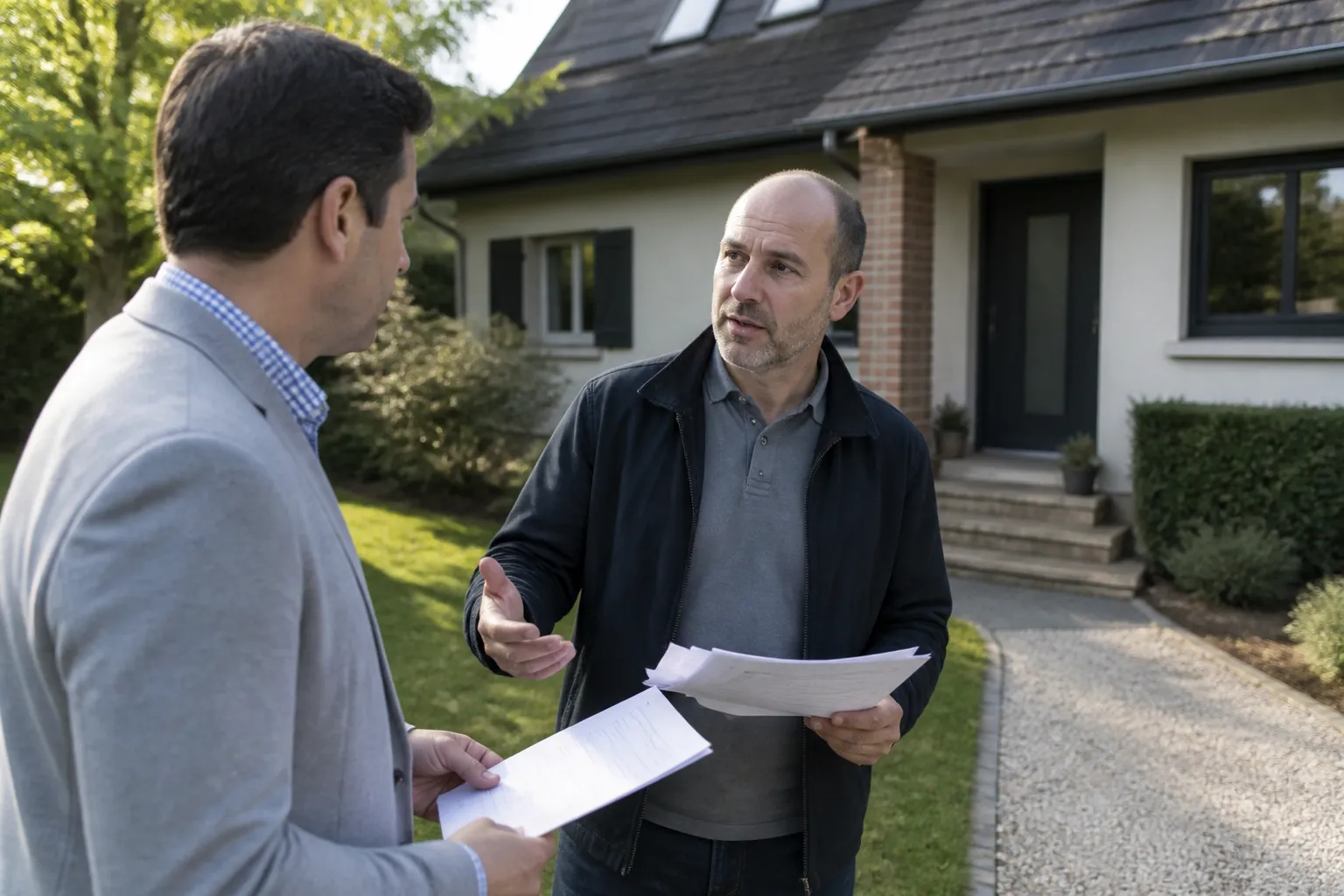 Acheteur et expert échangeant devant une maison