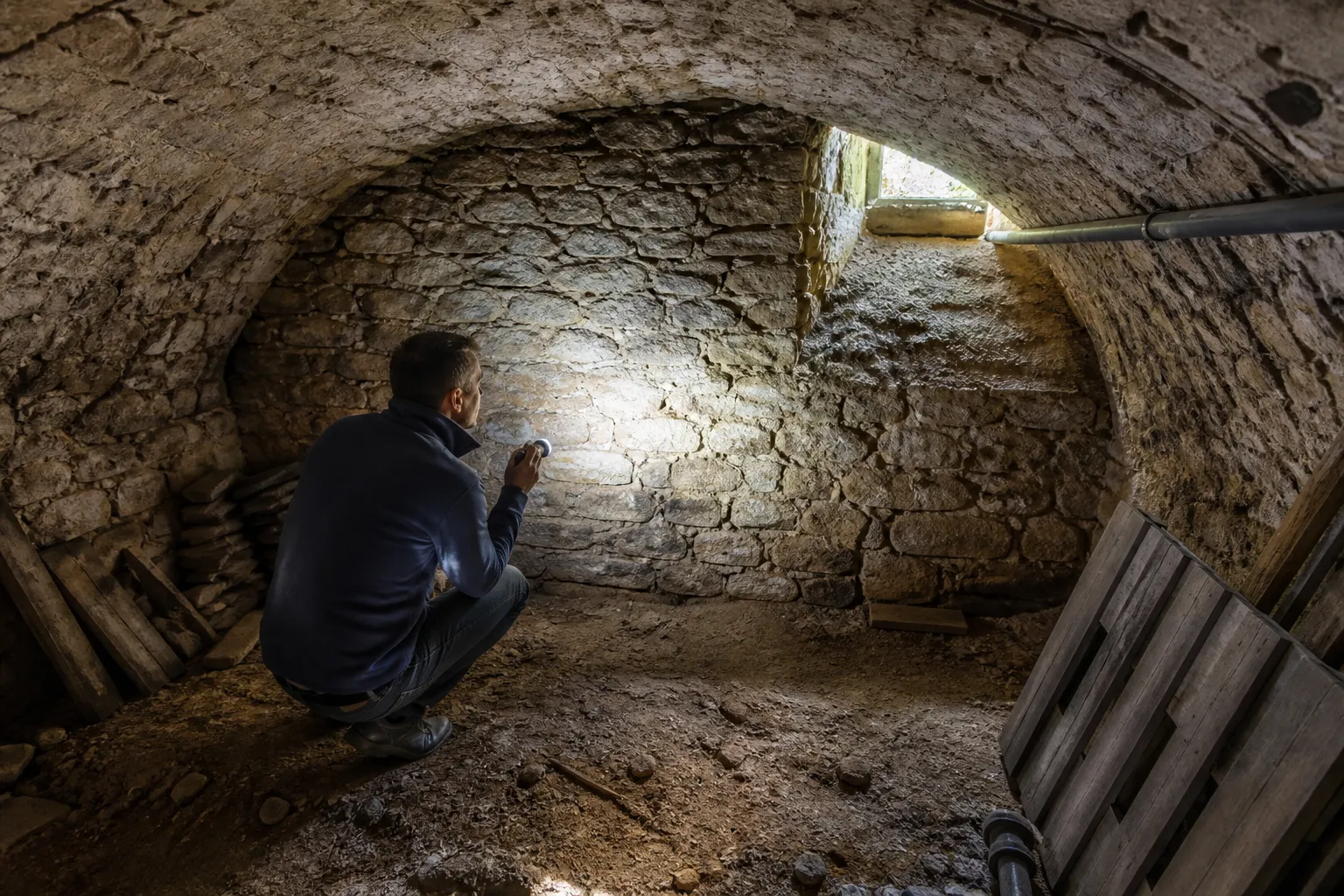 Cave voûtée en pierre inspectée à la lampe
