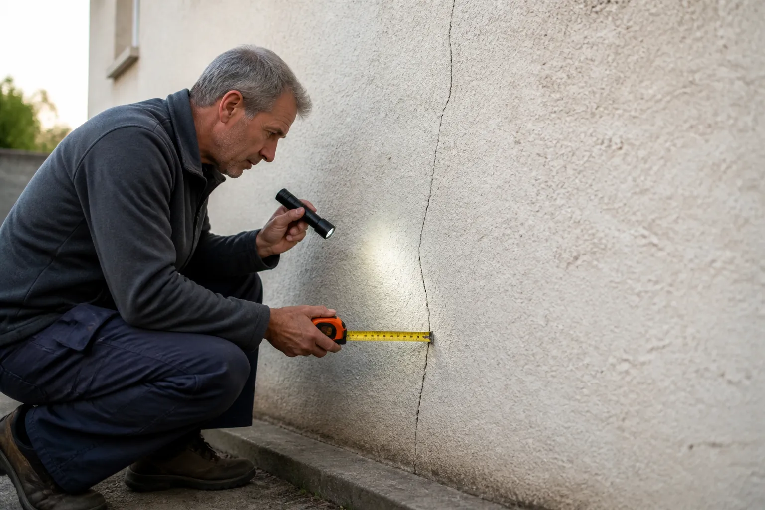 Expert examinant une fissure sur un mur extérieur