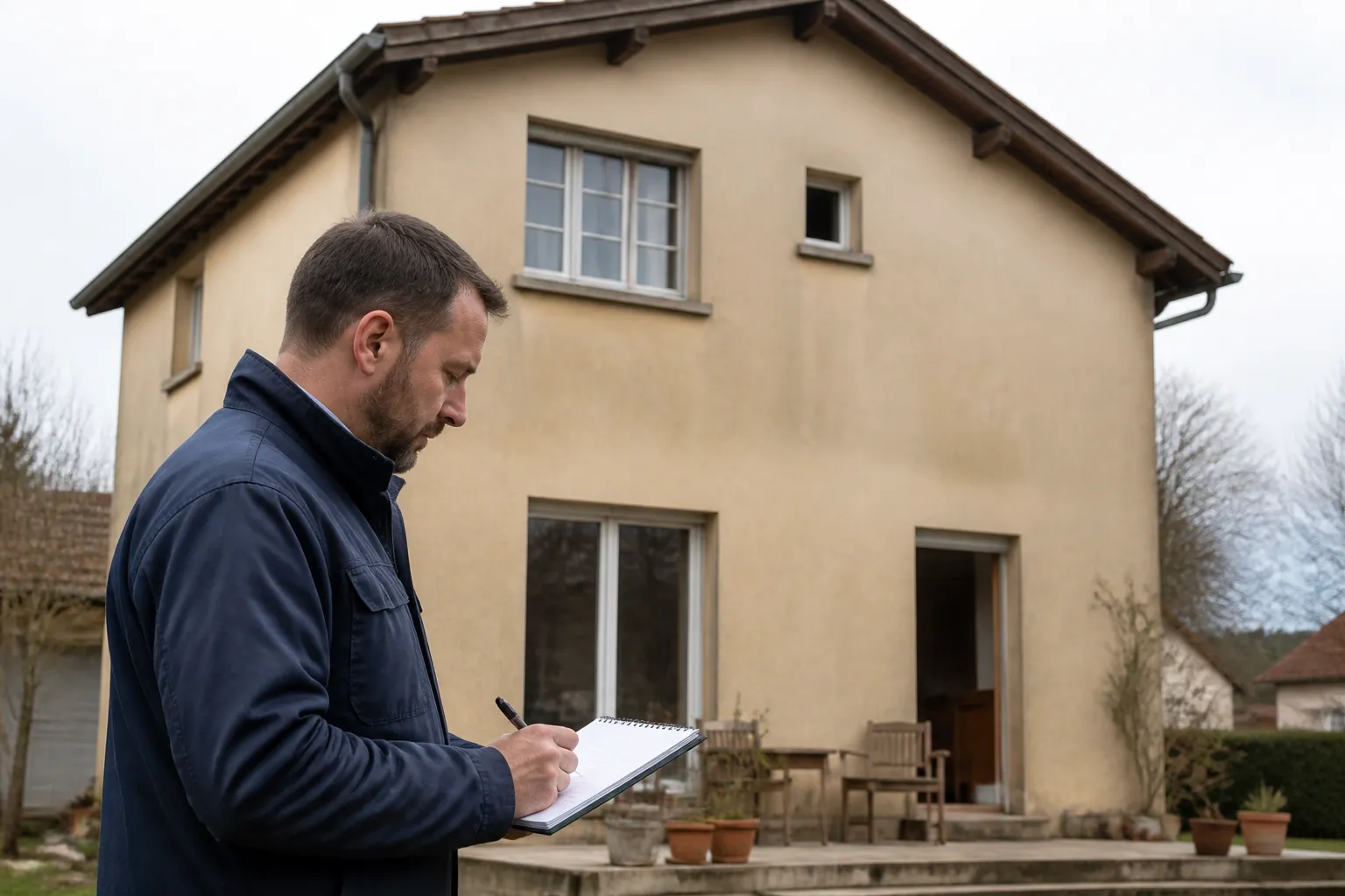 Expert notant ses constats devant une maison
