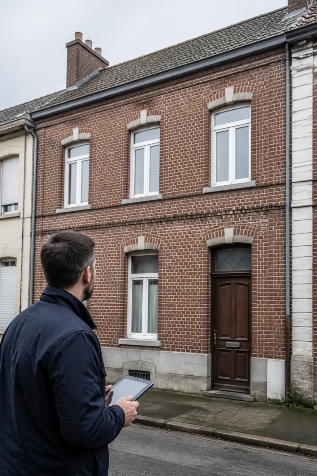 Expert en bâtiment observant une maison de ville en brique à Abbeville