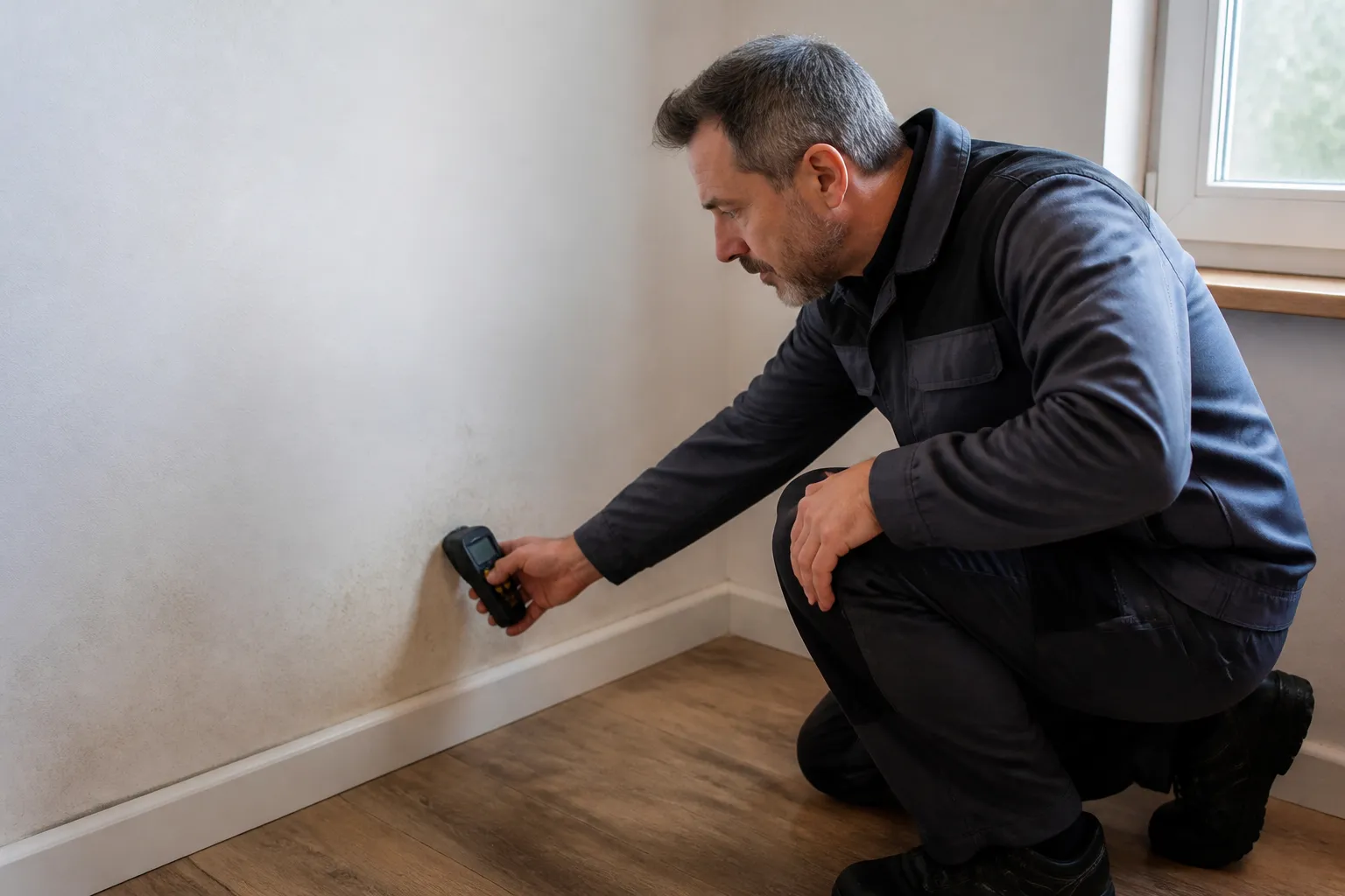 Mesure d’humidité au bas d’un mur intérieur de rez-de-chaussée