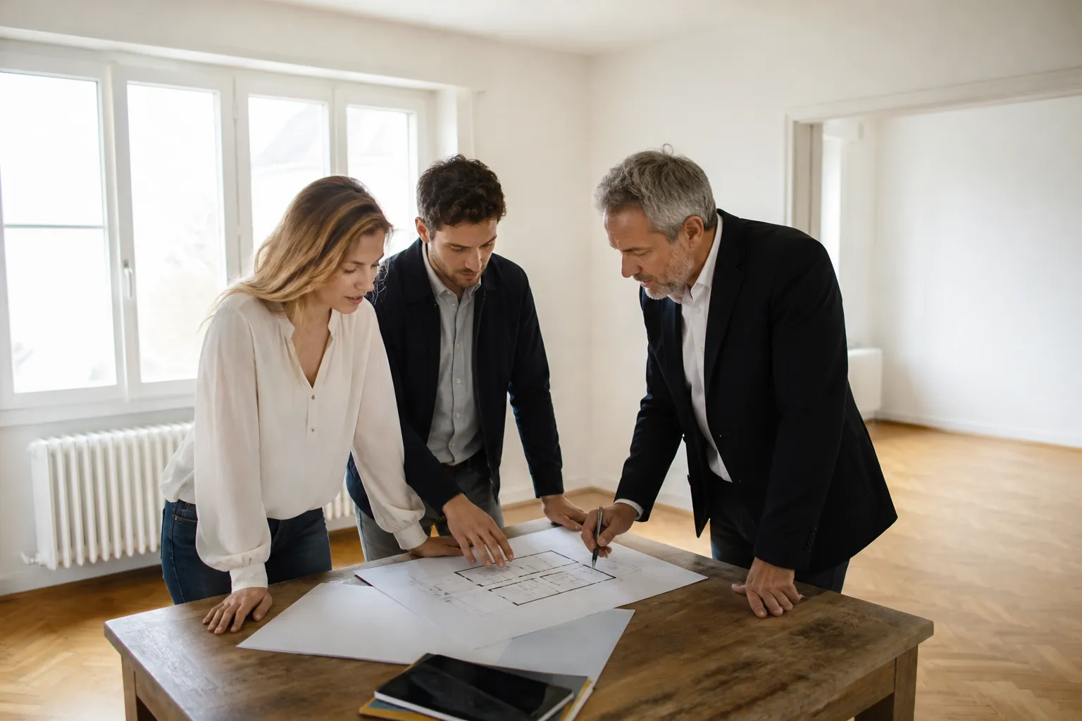 Acquéreurs et expert relisant des documents de vente