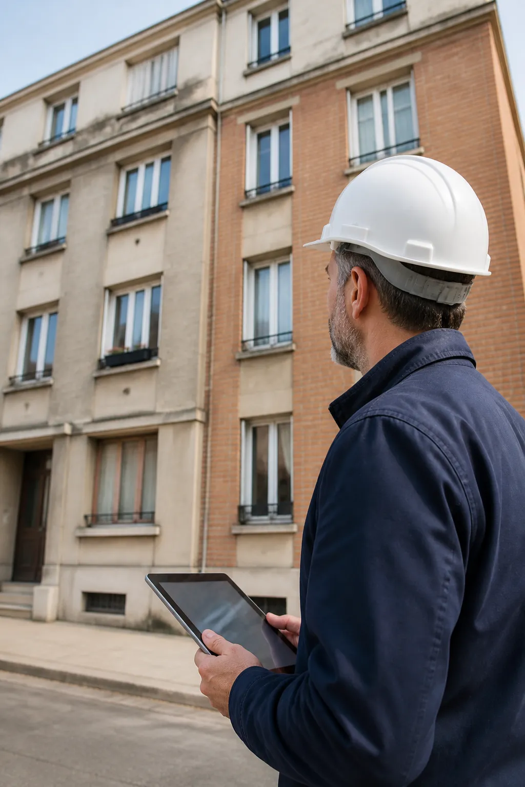 Expert en bâtiment devant un immeuble d’après-guerre à Amiens