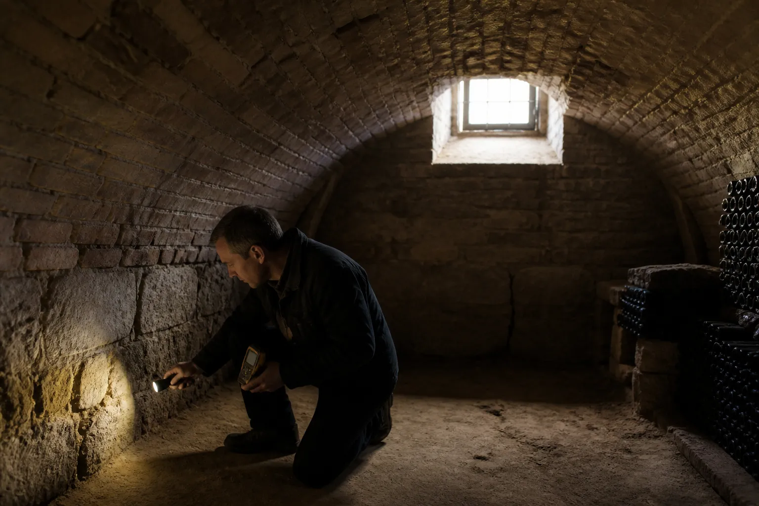 Cave voûtée en brique inspectée à la lampe avant un achat
