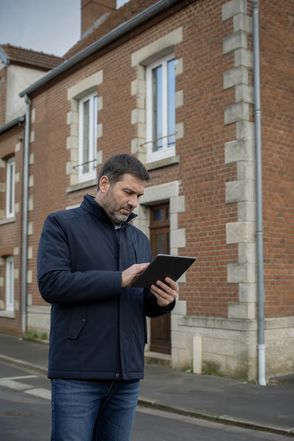 Expert en bâtiment devant une façade en brique et pierre dans une petite ville de la Somme