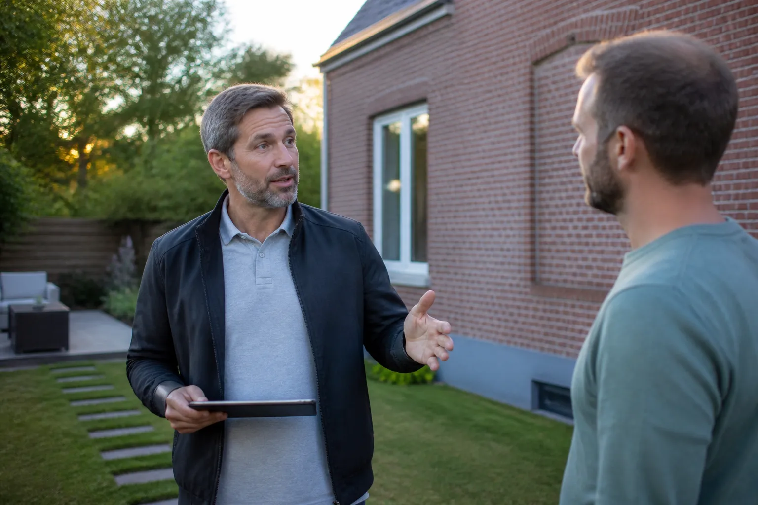 Expert et acquéreur échangeant dans un jardin derrière une maison