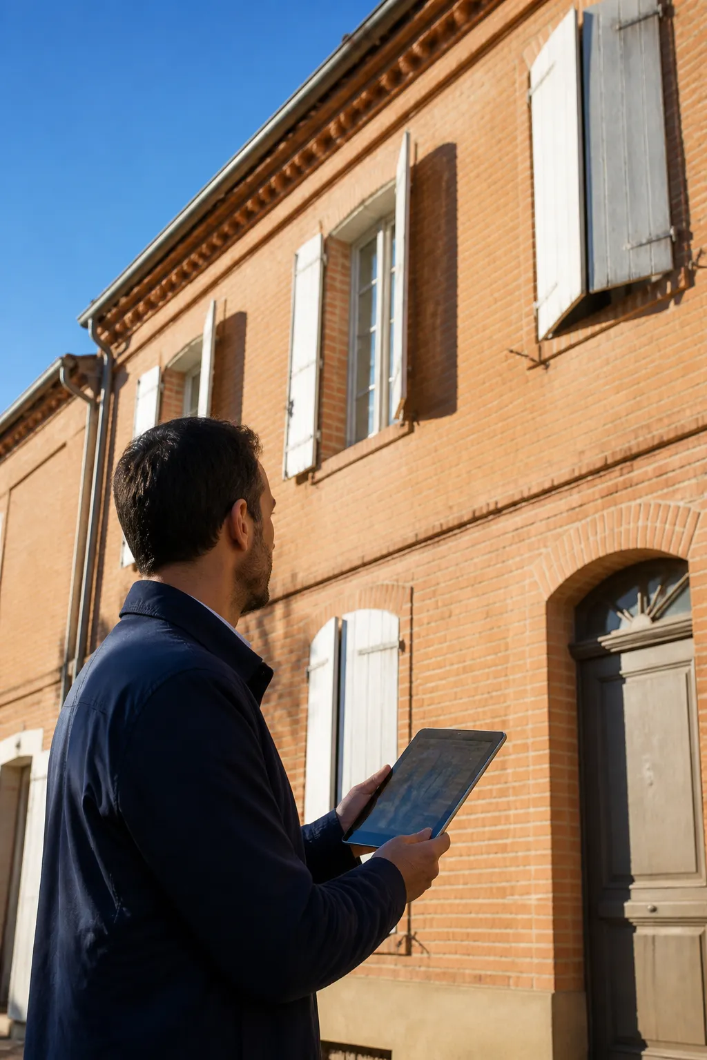 Expert en bâtiment devant une maison de ville en brique rose