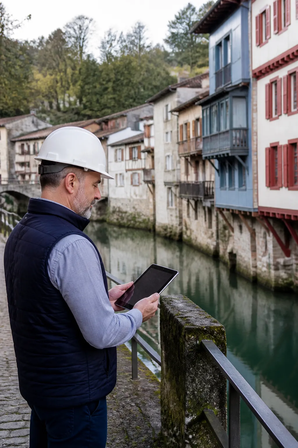 Expert en bâtiment devant une maison ancienne au bord d’une rivière