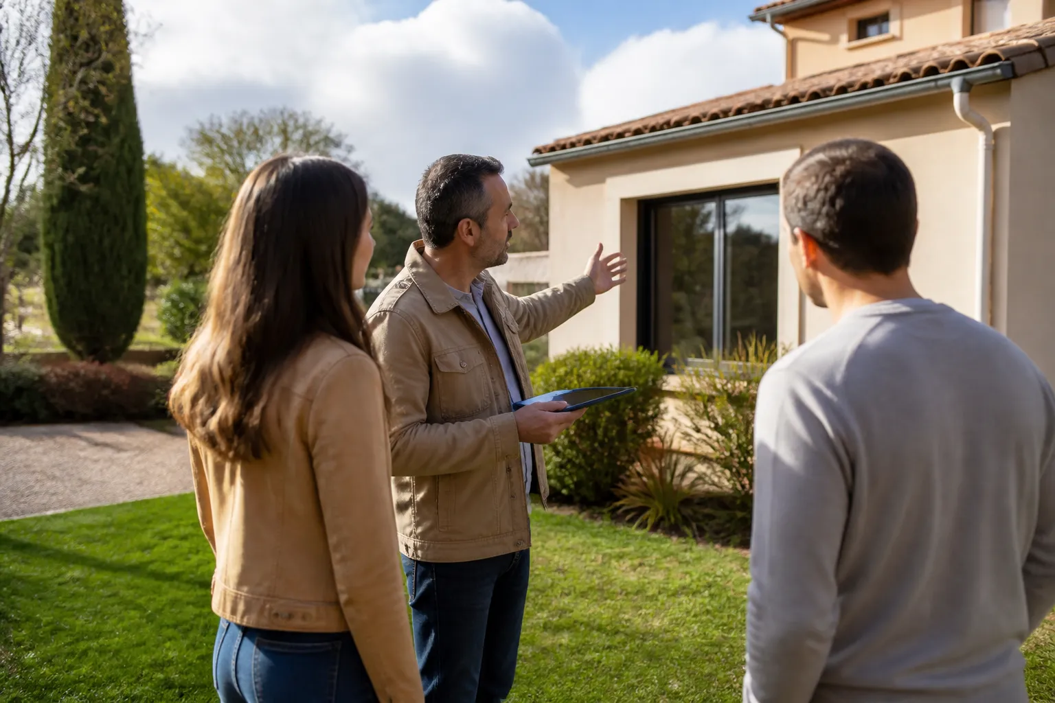 Expert et acquéreurs échangeant devant une maison individuelle