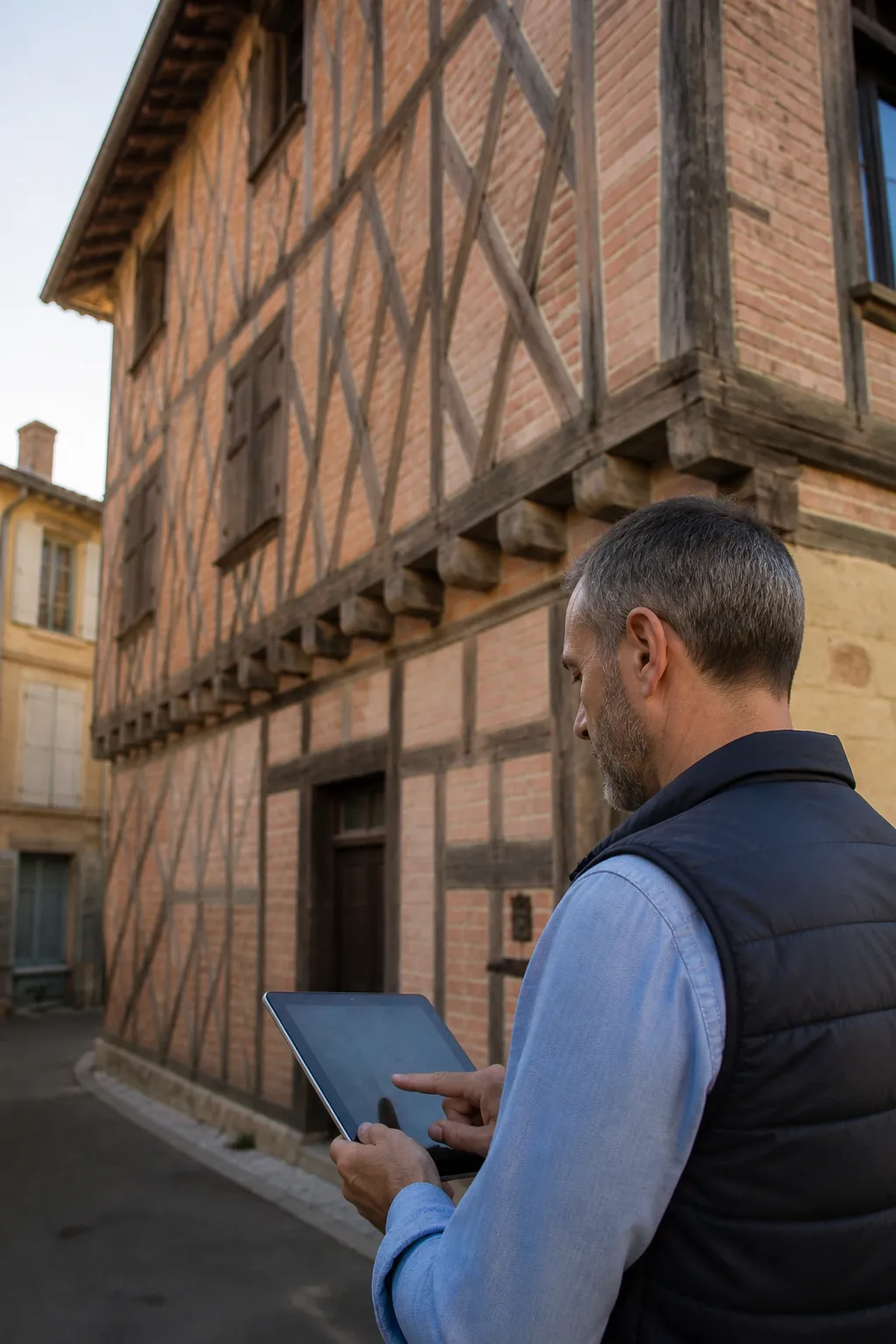 Expert en bâtiment devant une maison ancienne en brique et pan de bois