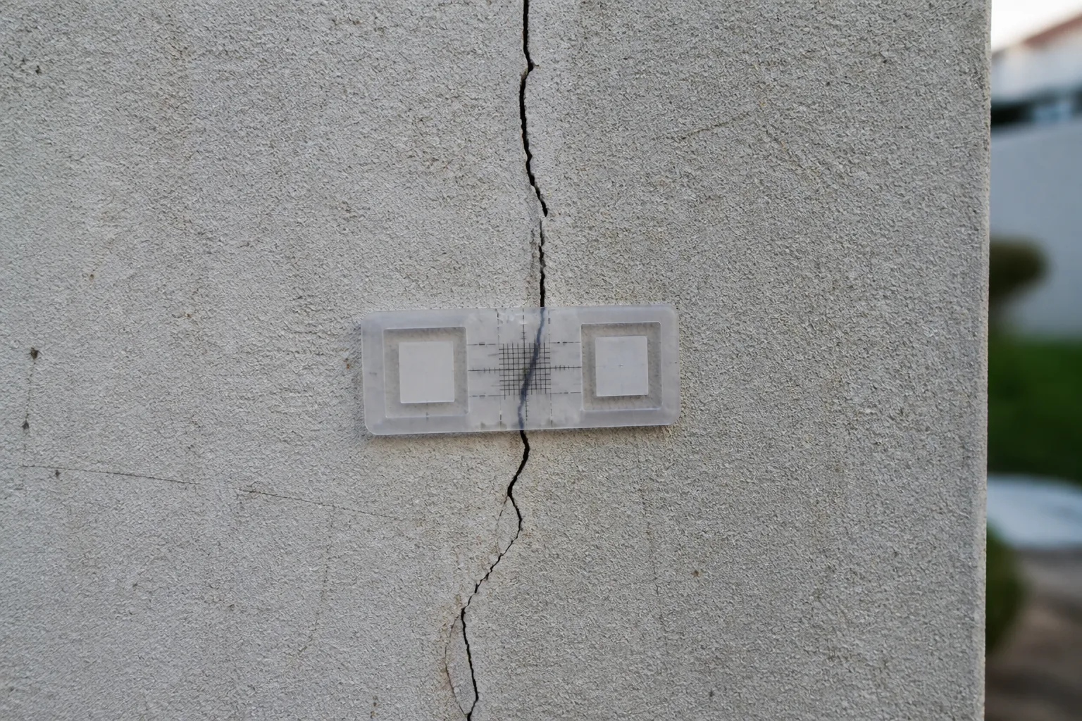 Fissure sur un mur enduit et mesure de son ouverture