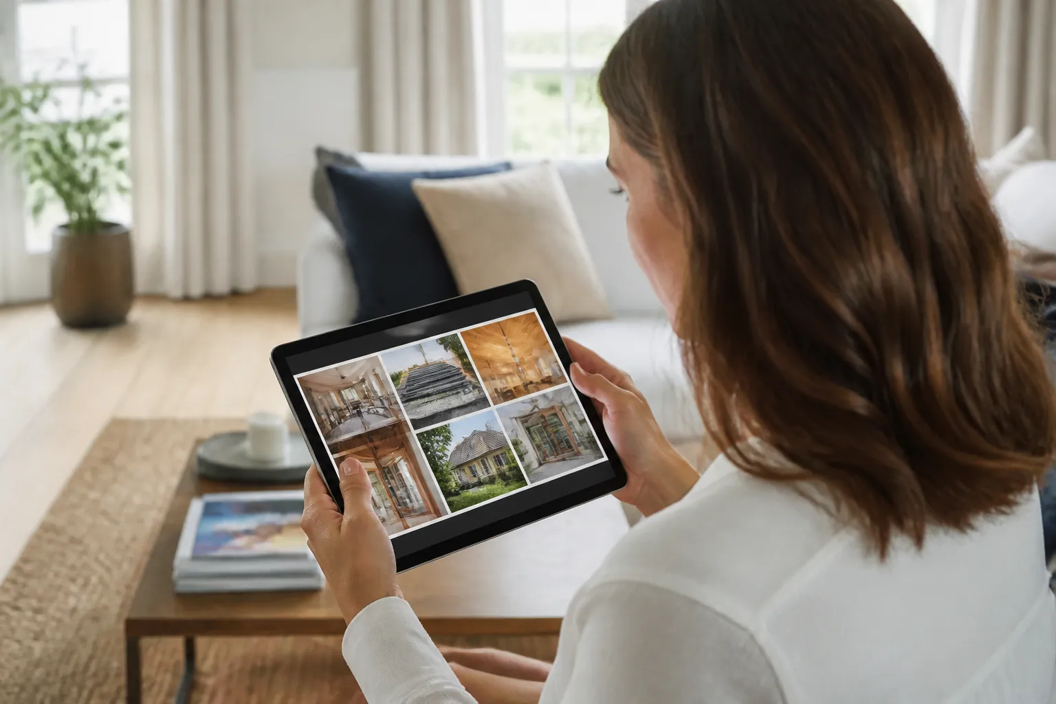 Acquéreuse consultant un rapport d’expertise sur une tablette