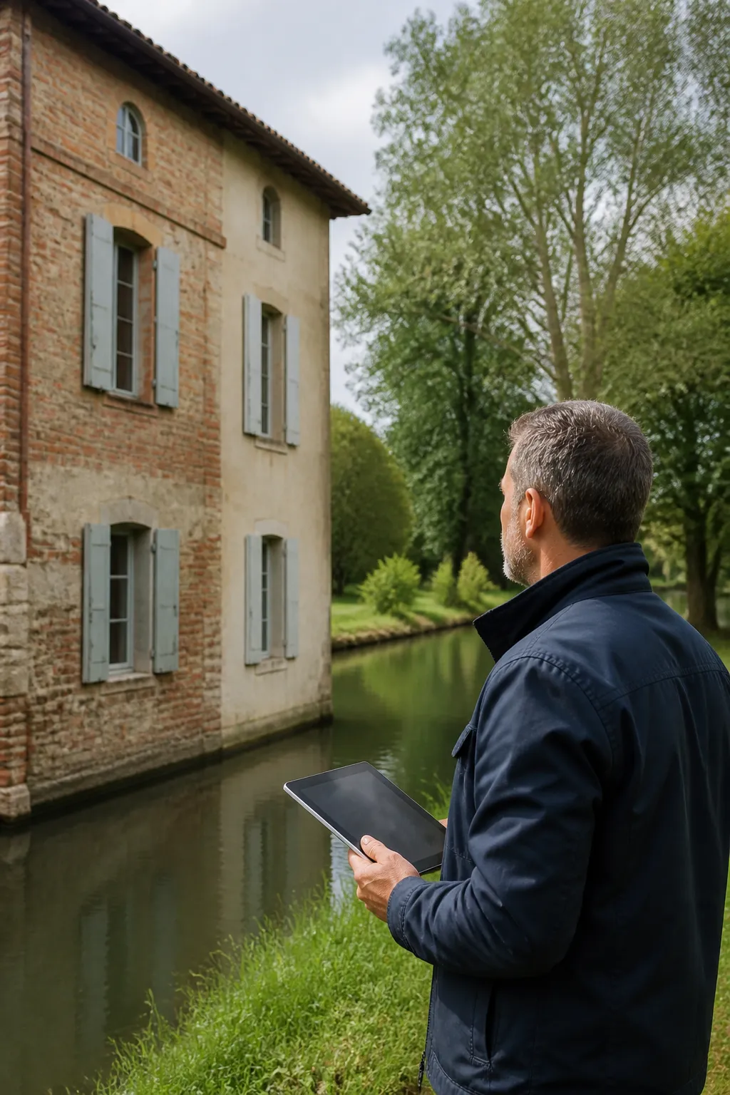 Expert en bâtiment devant une maison ancienne près d’un canal
