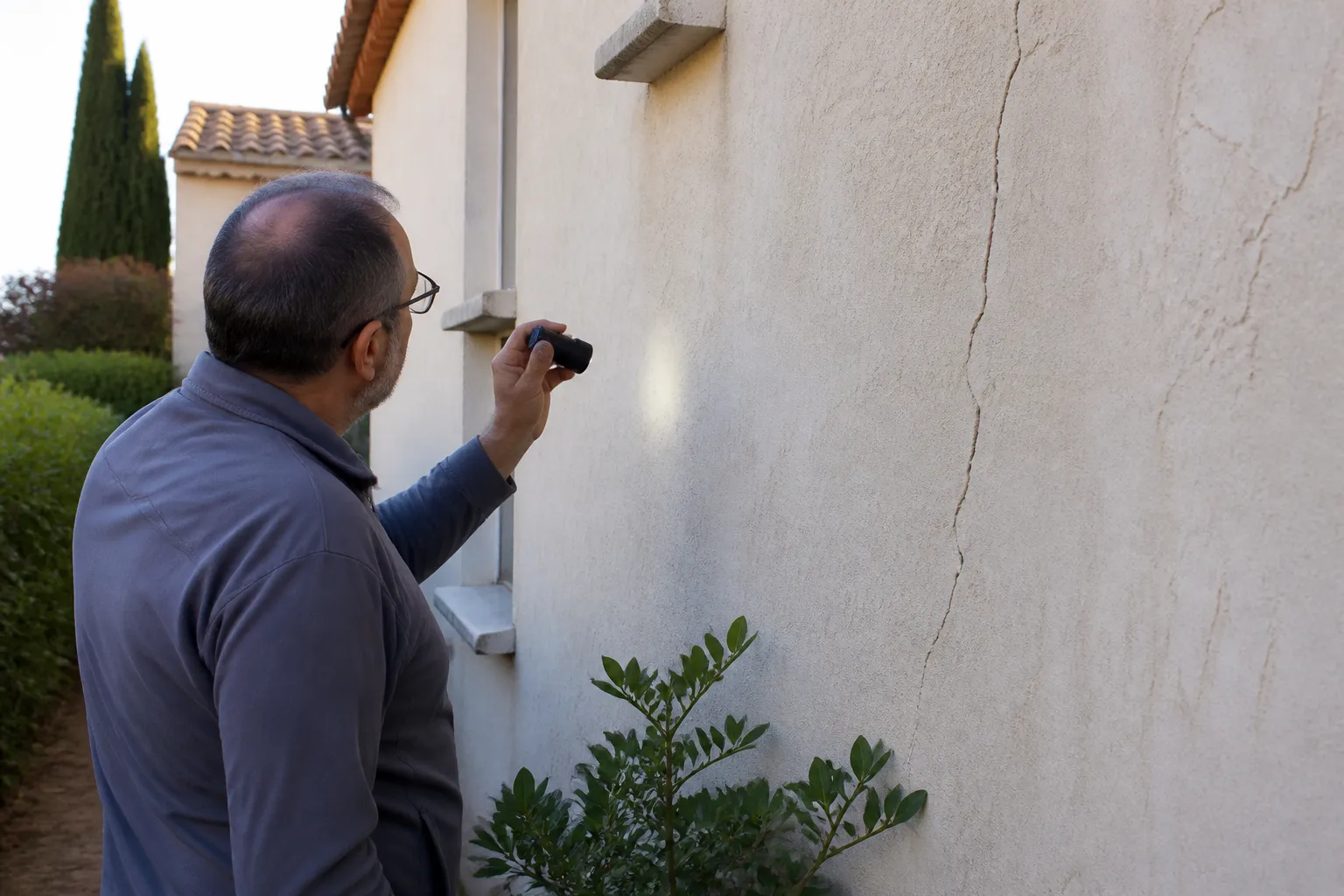 Expert inspectant une fissure sur l’enduit d’une maison