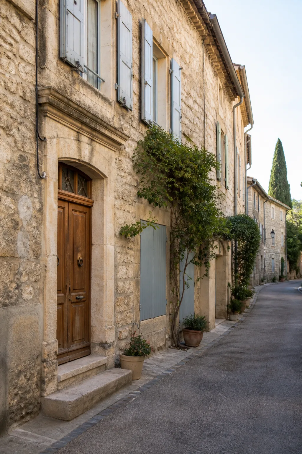 Maison de ville en pierre avec volets dans une rue de Carpentras