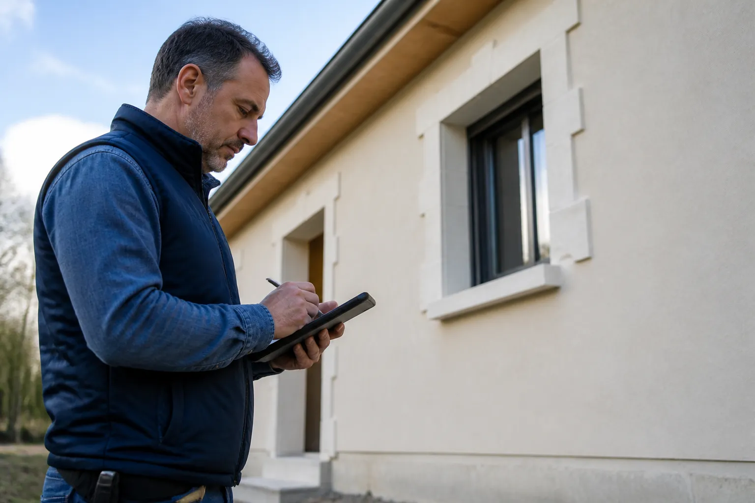 Expert en bâtiment prenant des notes devant une façade