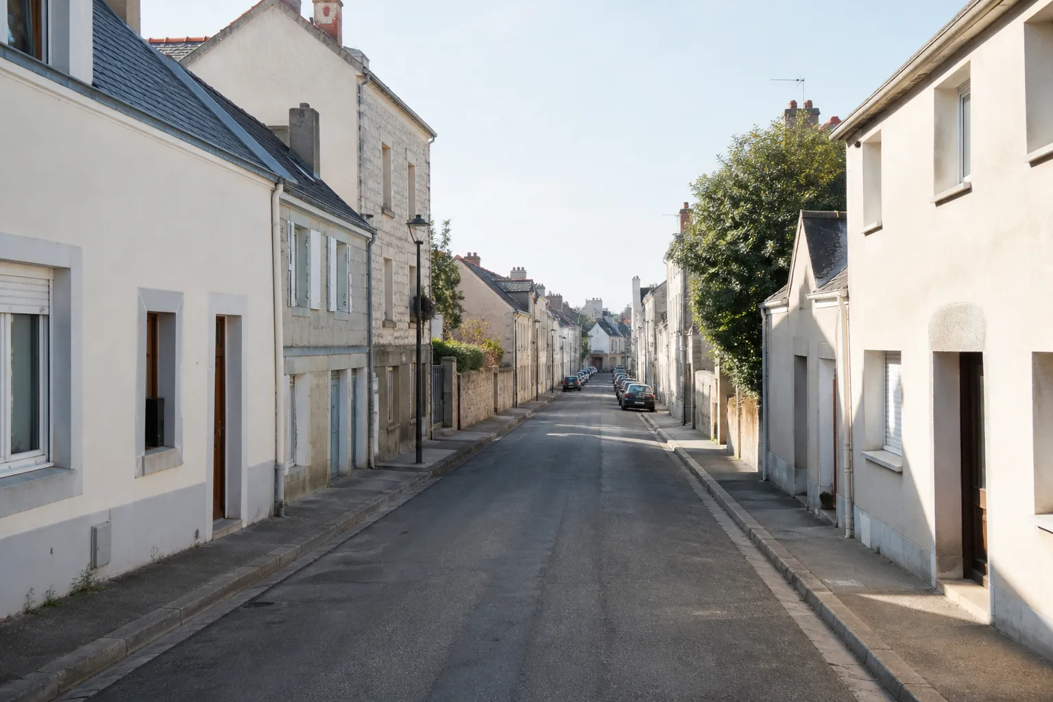 Rue rectiligne bordée de maisons enduites à étage