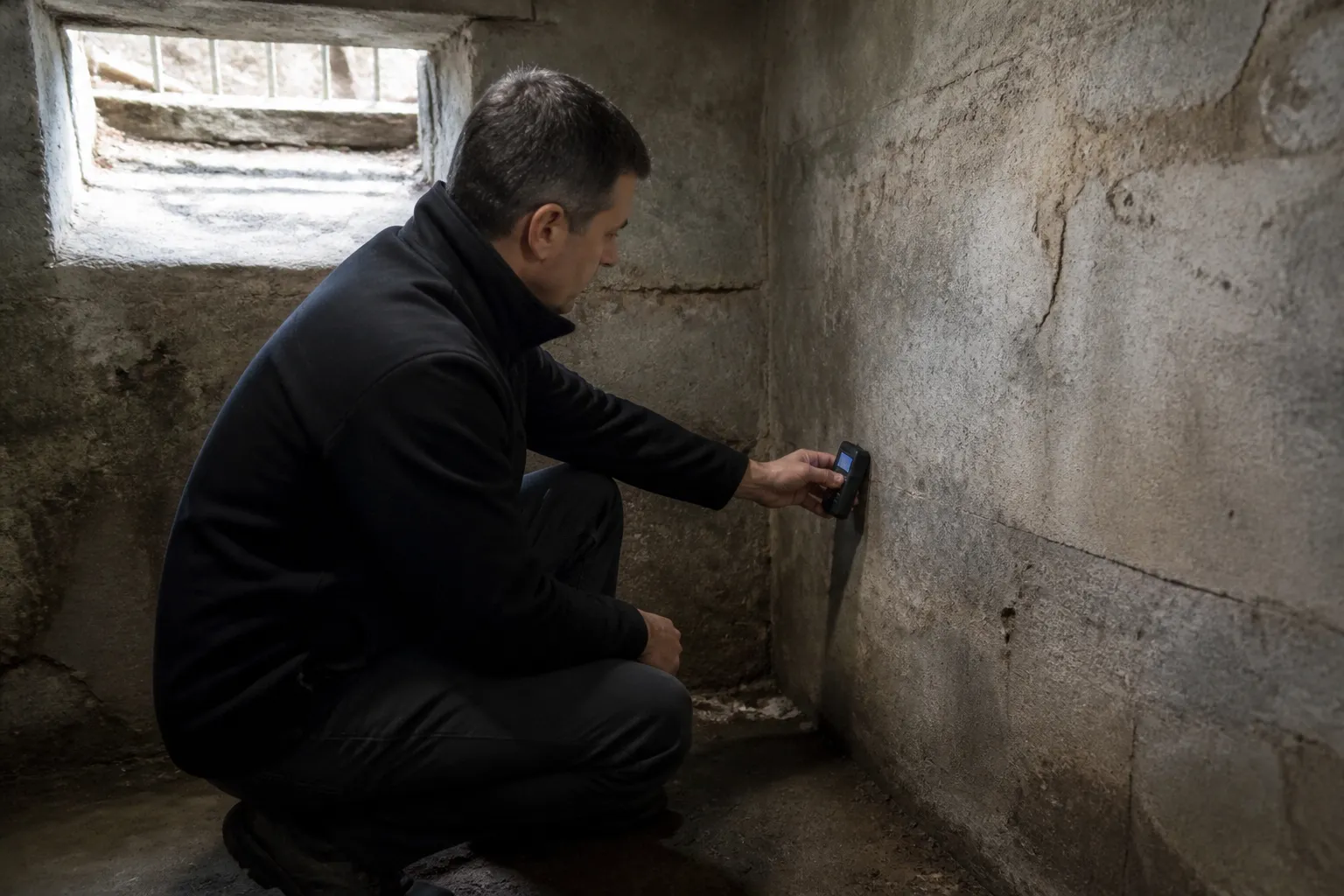 Expert en bâtiment mesurant l’humidité d’un mur de sous-sol