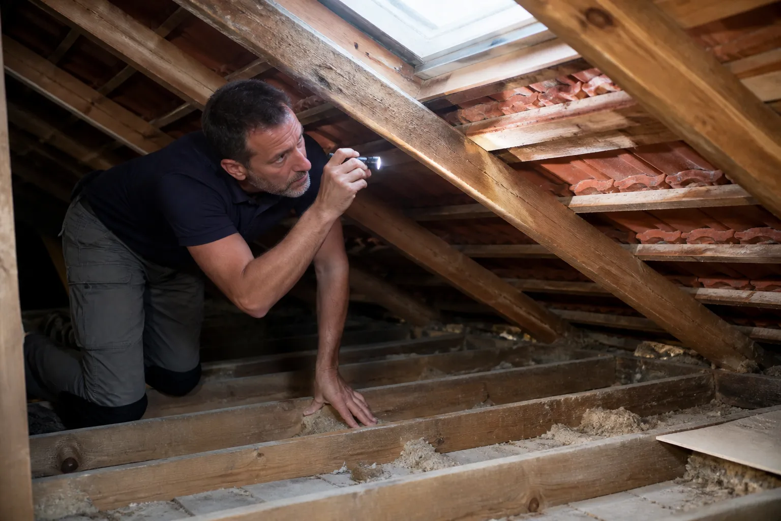 Expert en bâtiment inspectant des combles sous toiture