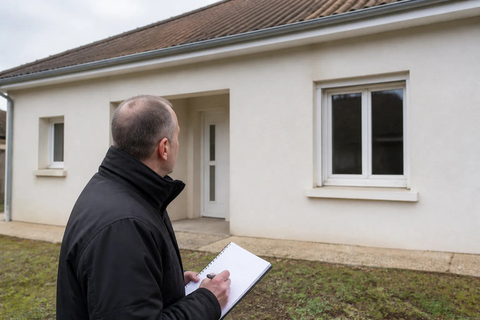 Expert en bâtiment observant une façade de pavillon