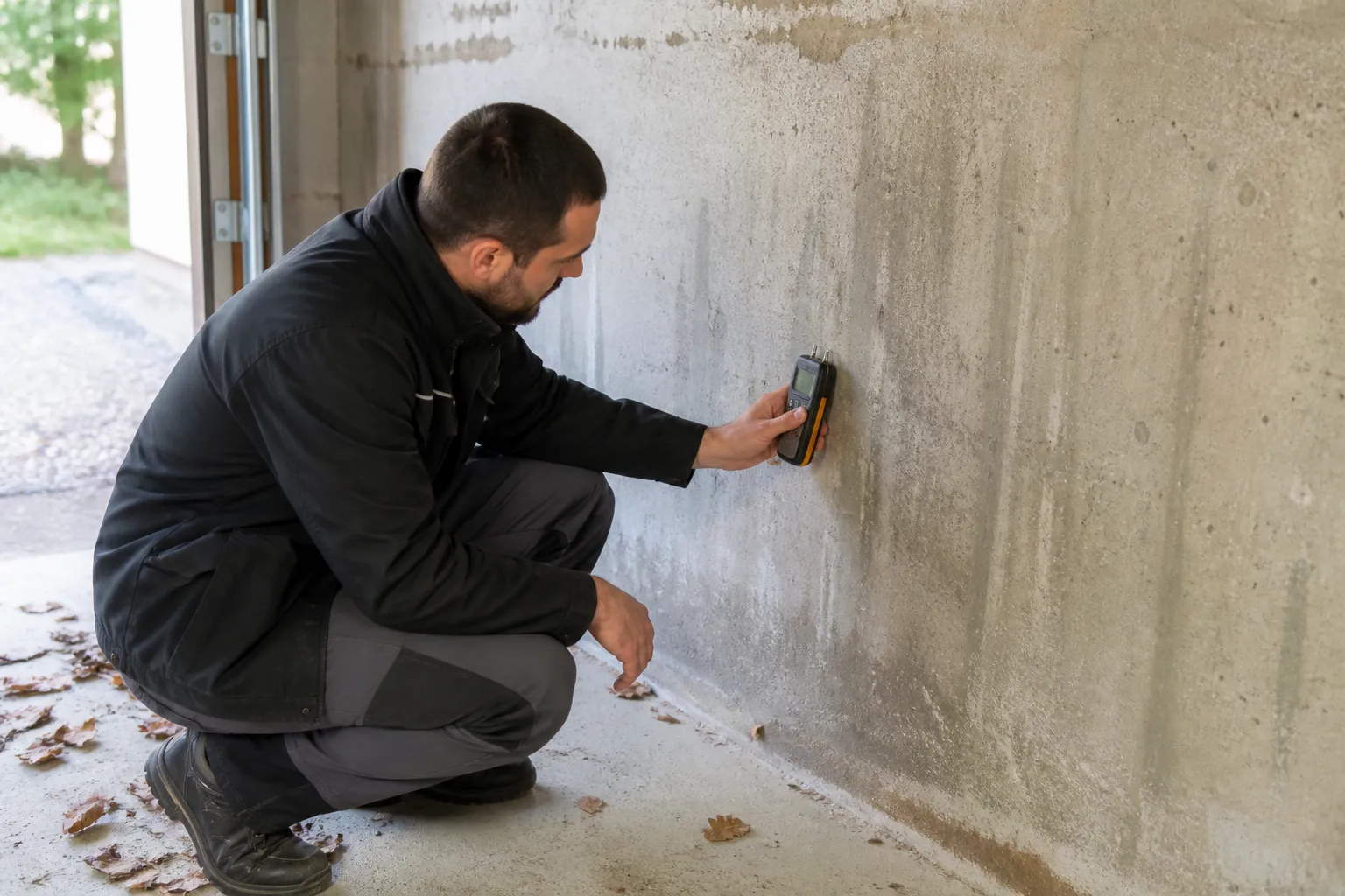 Expert en bâtiment contrôlant l’humidité d’un mur de garage