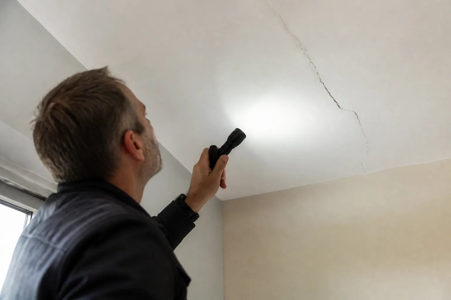 Expert en bâtiment observant un plafond fissuré