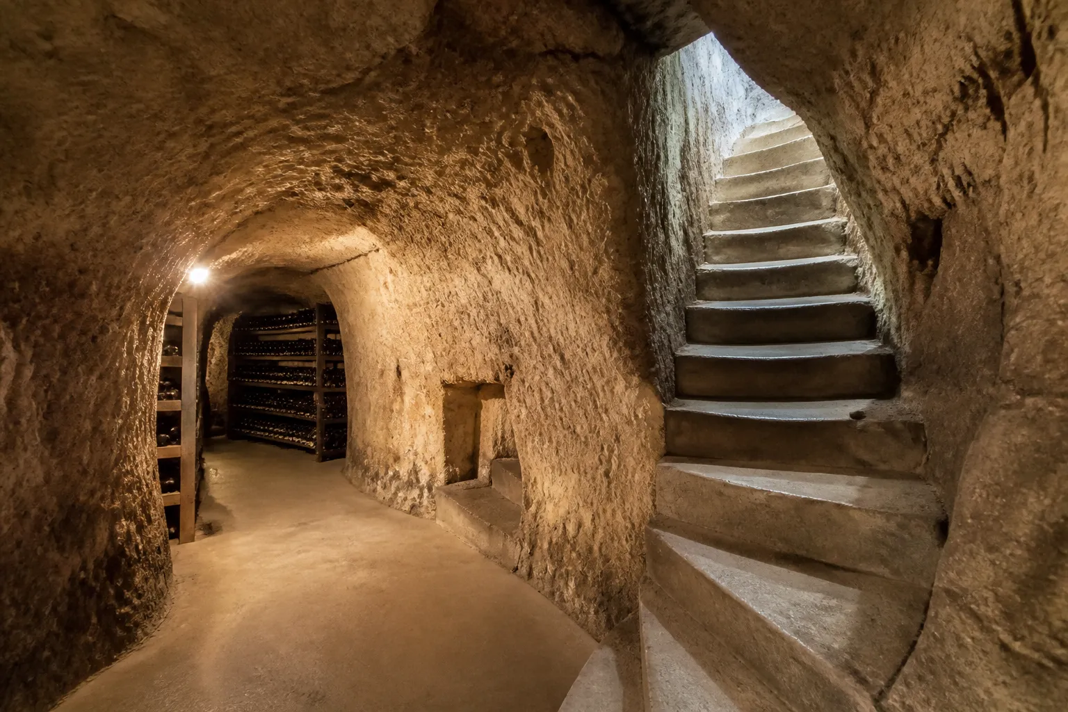 Cave creusée dans la roche calcaire sous une maison