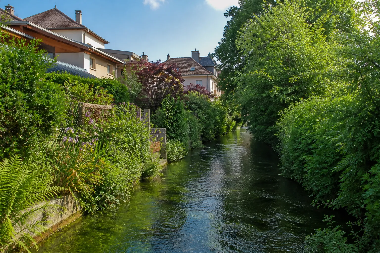 Ruisseau en bordure de jardins et de maisons en zone urbaine
